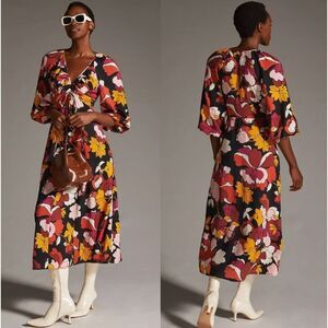 Anthropologie Maeve Deep-V Ruched Midi Floral Dress 3/4 Sleeves Size 0 New